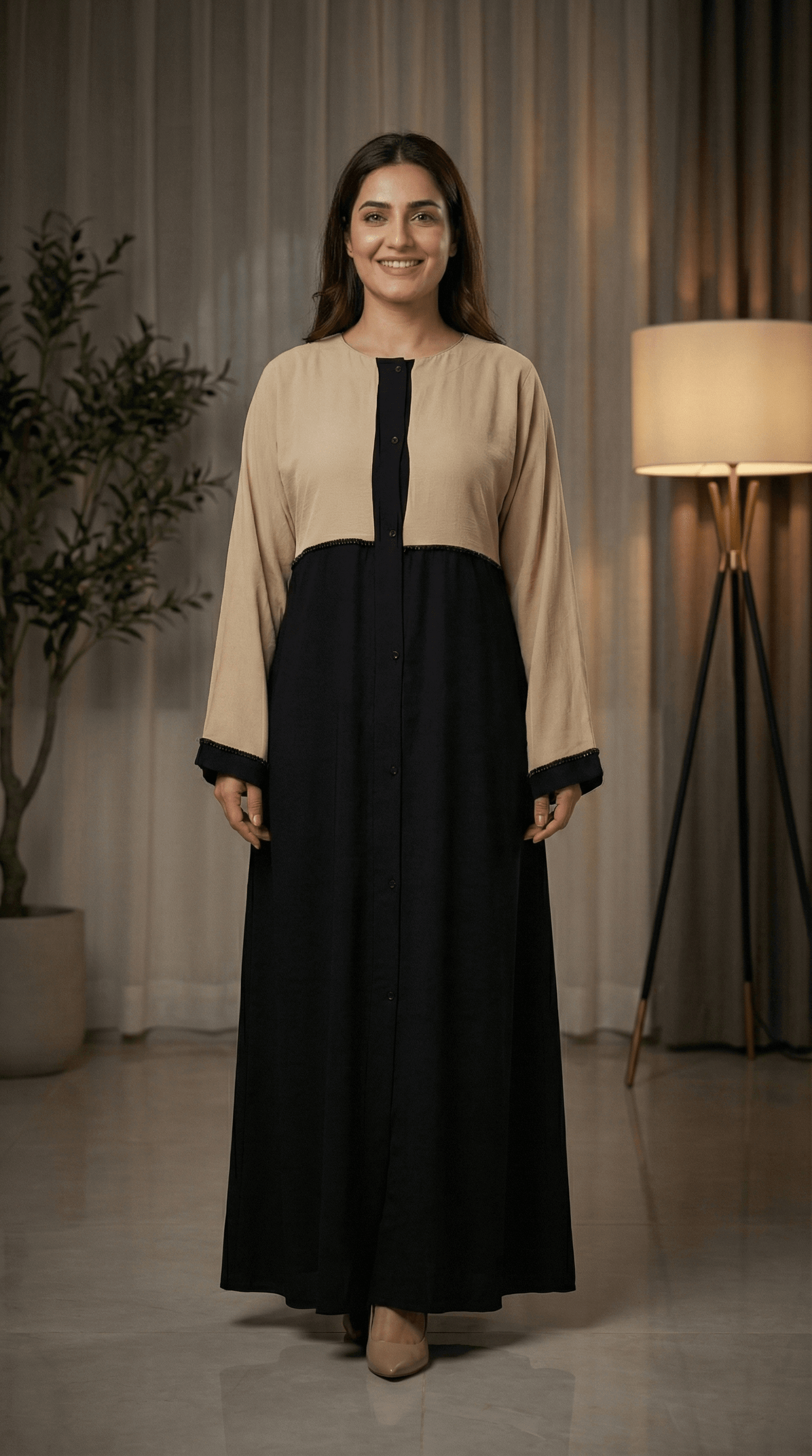 Modern Two-Tone Color Abaya With Trim Detail