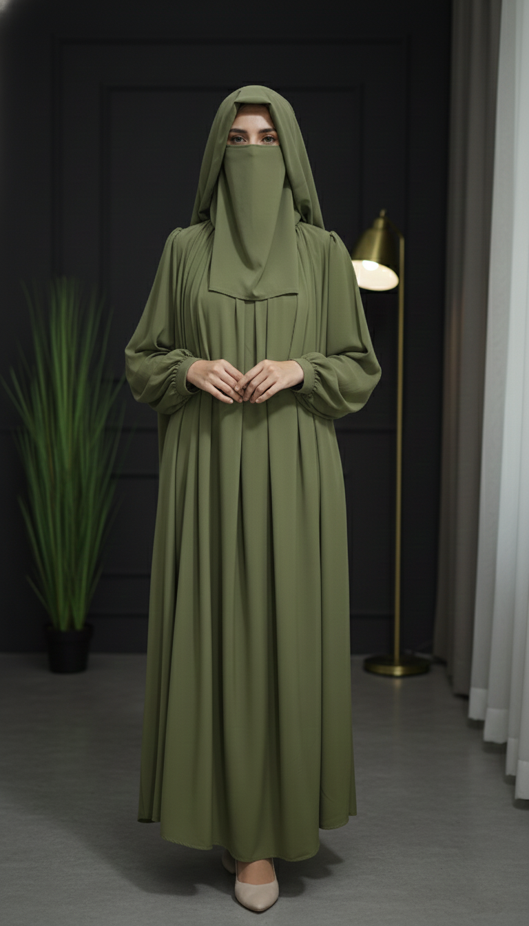 Chunnet Style Olive Green 3-Piece Abaya Set