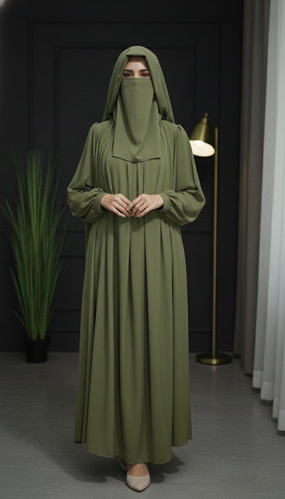 Chunnet Style Olive Green 3-Piece Abaya Set