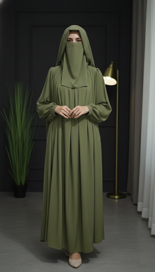 Chunnet Style Olive Green 3-Piece Abaya Set