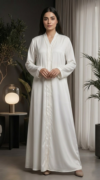 Ethereal White Pearl Satin Abaya