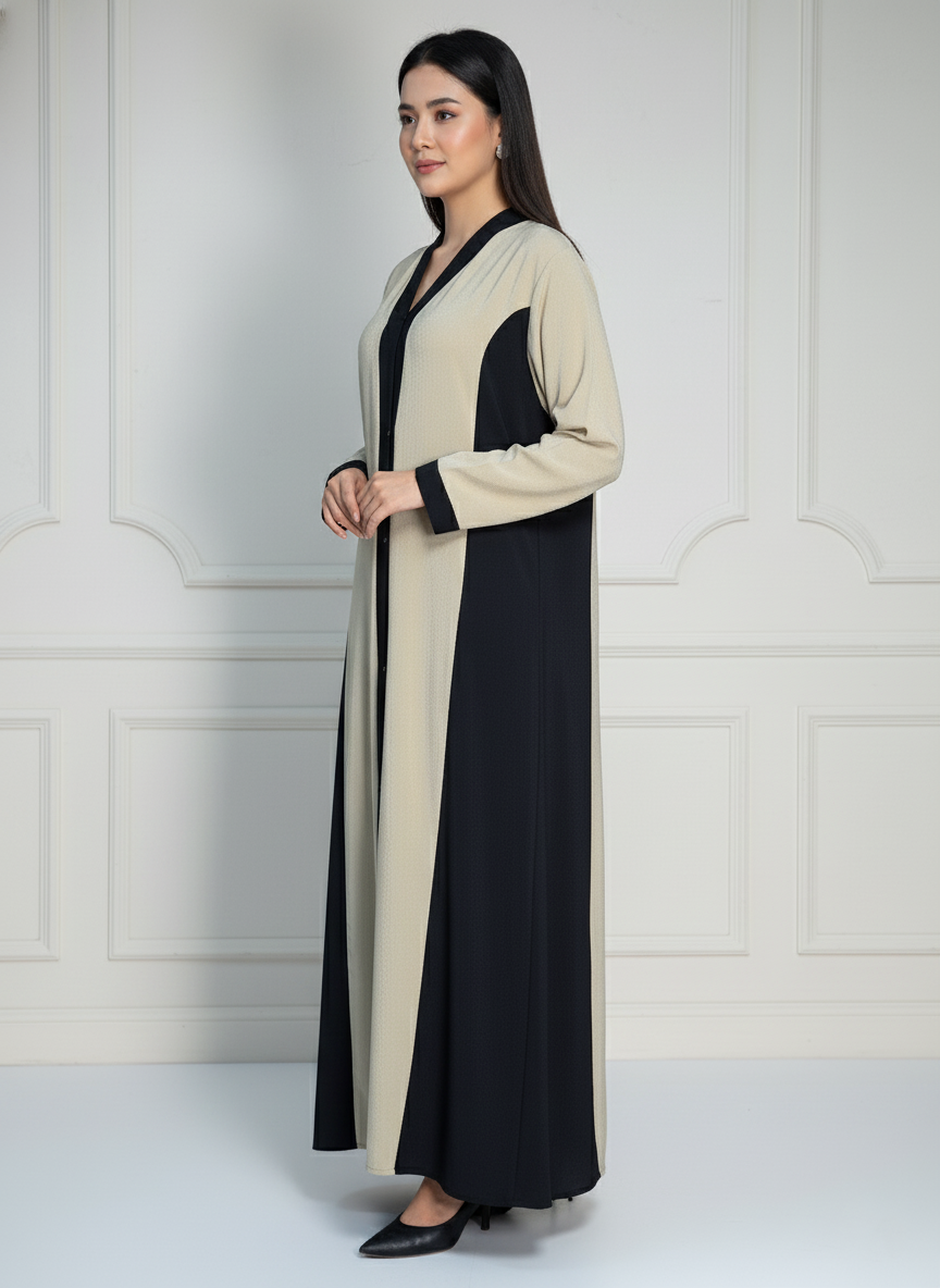 Elegant Beige & Black Abaya Gown with Stoler