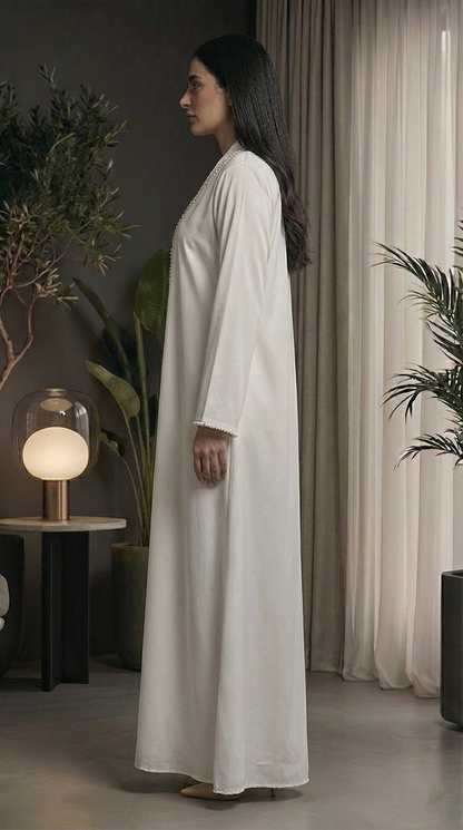 Ethereal White Pearl Satin Abaya