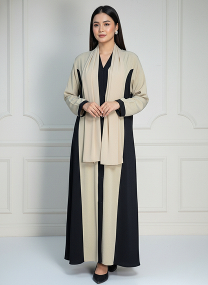 Elegant Beige & Black Abaya Gown with Stoler