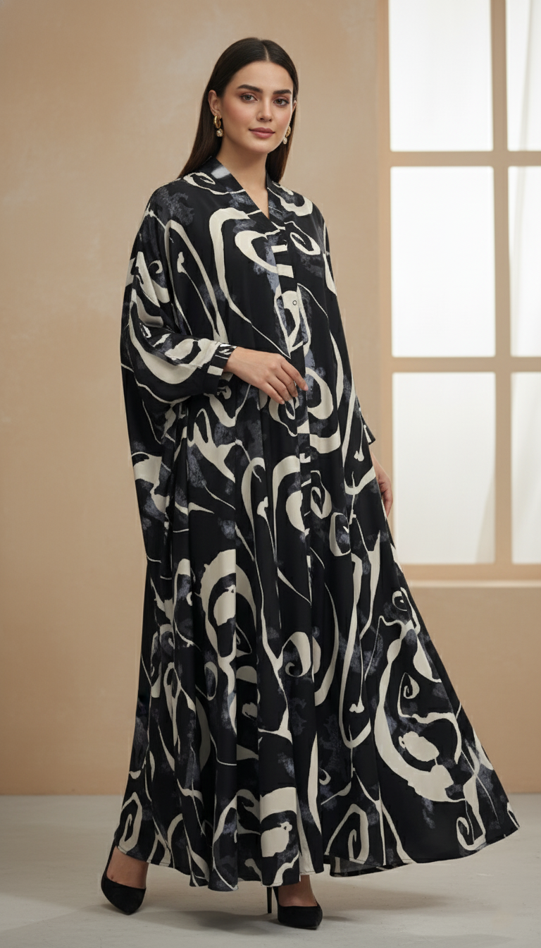 The Midnight Swirl Abstract Print Modest Abaya