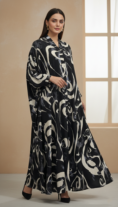 The Midnight Swirl Abstract Print Modest Abaya